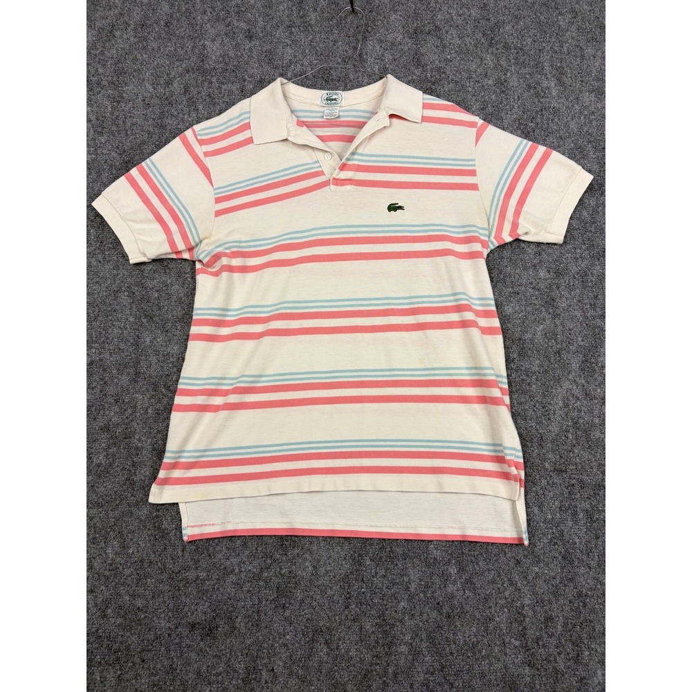 Vintage Izod Lacoste Mens Large Striped Polo Shirt Pink Blue Cream Cotton L